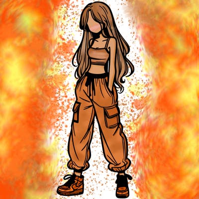 girl in baggy pants crop top and long hair