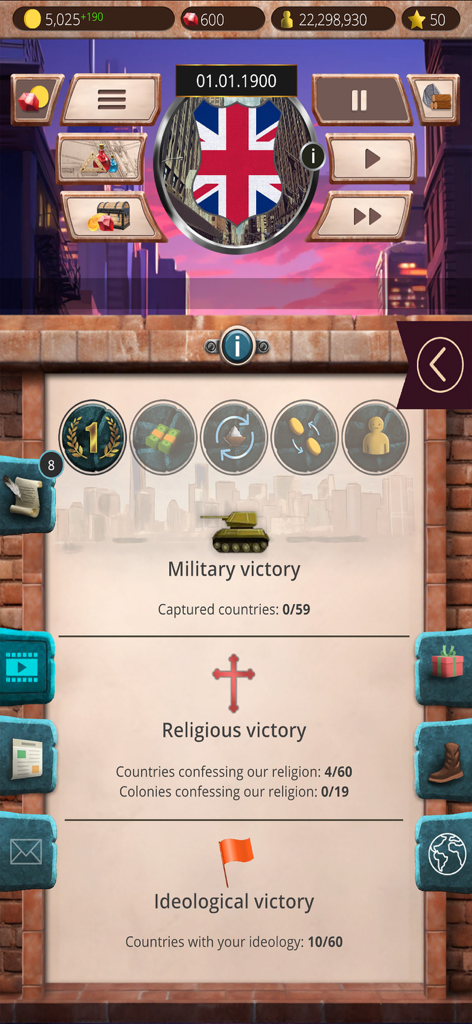 20th c 1 – President Simulator - Gameplay screen of President Simulator showing military religious and ideological victory goals