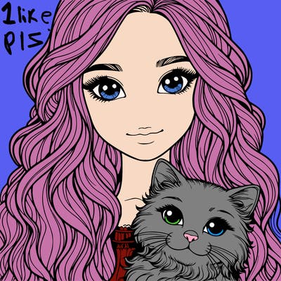 a realistic girl with long wavy hair and a realistic cat in her arms