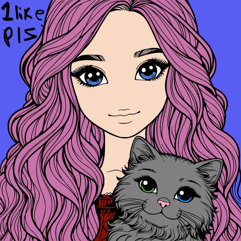 a realistic girl with long wavy hair and a realistic cat in her arms