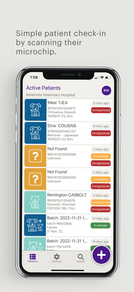 A mobile phone screen showing the Vedi app list of active veterinary patients with microchip registration status