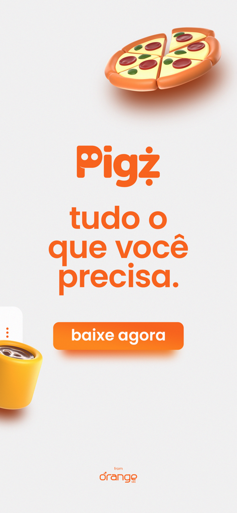 Pigz - Promotional screen for the Pigz delivery app featuring a 3D pizza illustration and download button