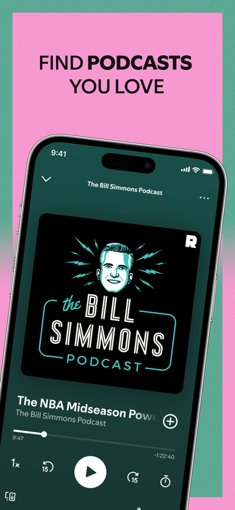 A mobile phone screen showing the Spotify app interface playing a podcast episode.