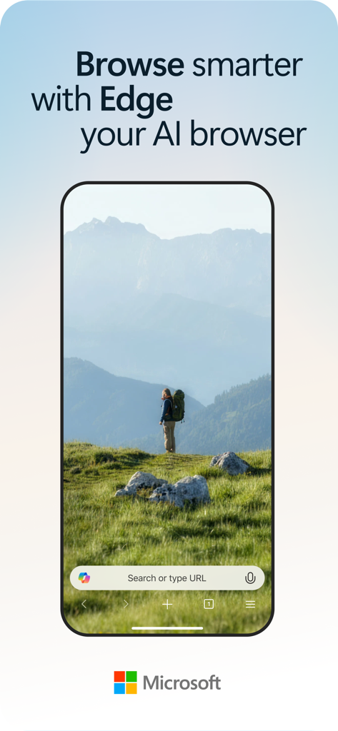 A screenshot of the Microsoft Edge mobile app interface with an AI powered search bar and a scenic mountain wallpaper.