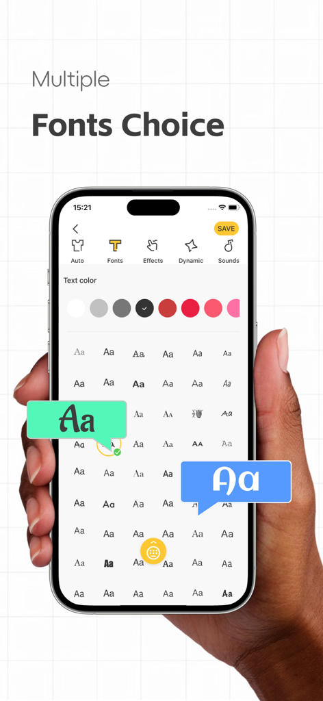 Fonts - Stickers Keyboard - Una mano sosteniendo un teléfono inteligente que muestra un menú con varios estilos de fuente decorativos y opciones de color de texto en la aplicación de teclado Fuentes.