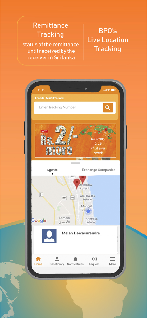 Sampath Bank Remitwise - Sampath Bank Remitwise app interface showing remittance tracking and live BPO location map.