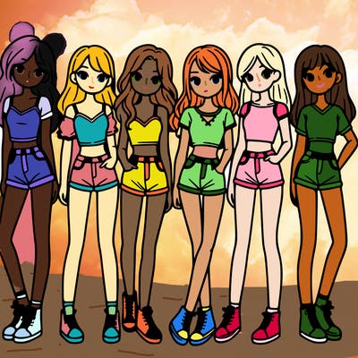 a group of girls wearing crop tops and shorts