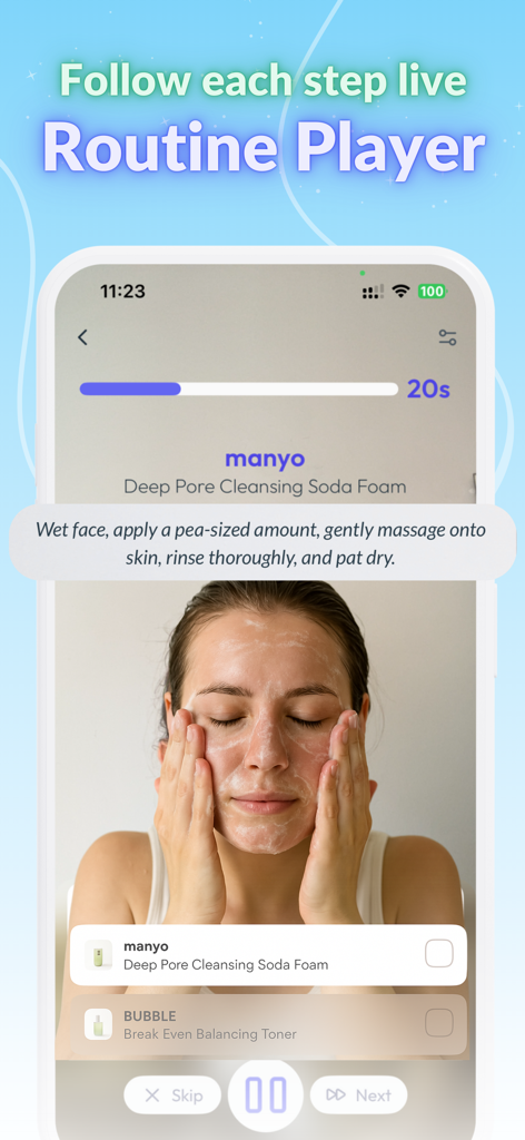Skin Bliss: Skincare Routines - A screenshot of the Skin Bliss app Routine Player feature showing a woman cleansing her face with step-by-step instructions and a timer.