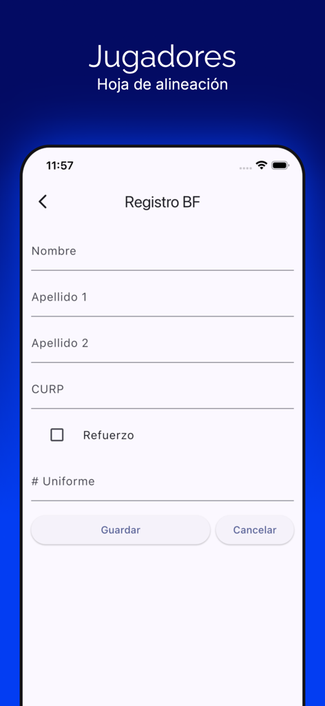 Schermata mobile che mostra il modulo di registrazione del giocatore di calcio per l'app Registro BF