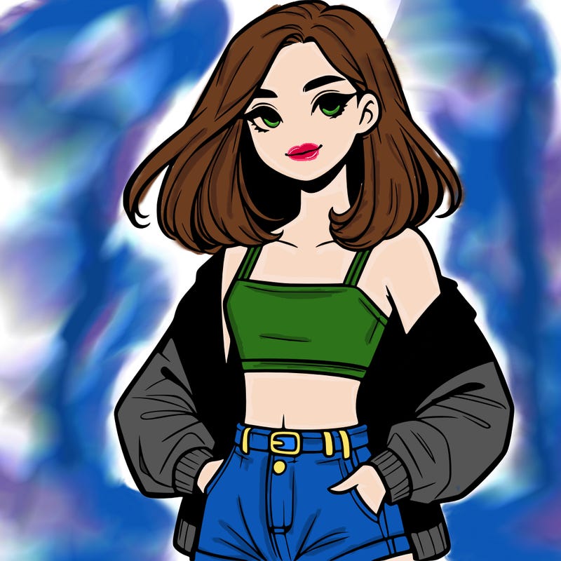 a realistic girl with a crop top and short shorts in an open jacket