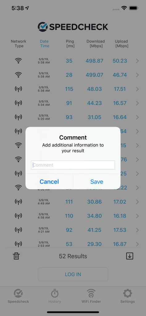 Internet Speed Test Speedcheck - Journal d'historique des résultats de test de débit Internet dans l'application Speedcheck avec une fenêtre pop-up de commentaire