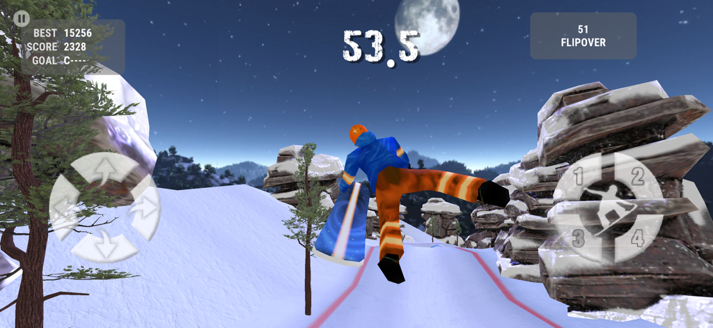 Crazy Snowboard - A snowboarder performing a flip trick during a night session in the Crazy Snowboard game.