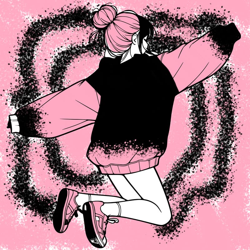 realistic girl jumping with a bun and oversized sweatshirt