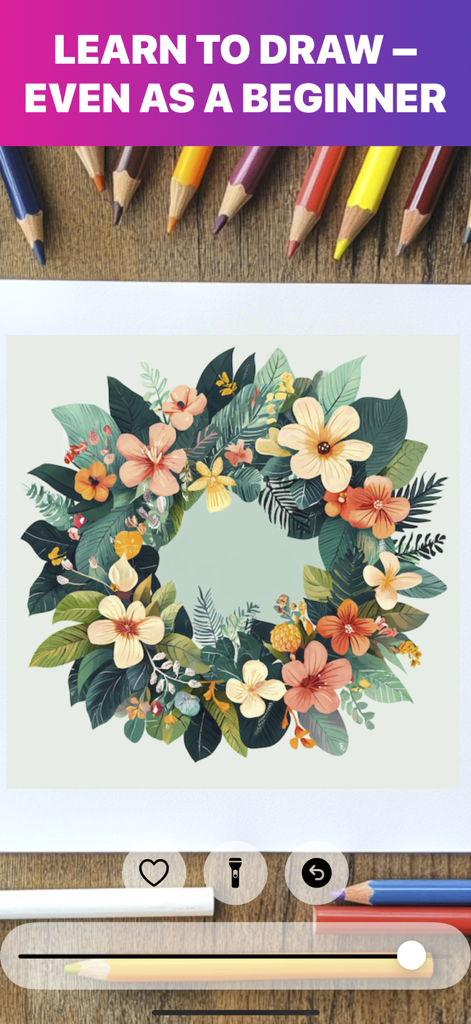 AR Drawing app showing a floral wreath template with the text learn to draw even as a beginner