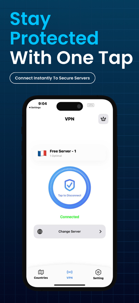 VPN Super Unlimited MasterVPN app display showing a one-tap connection to a secure server