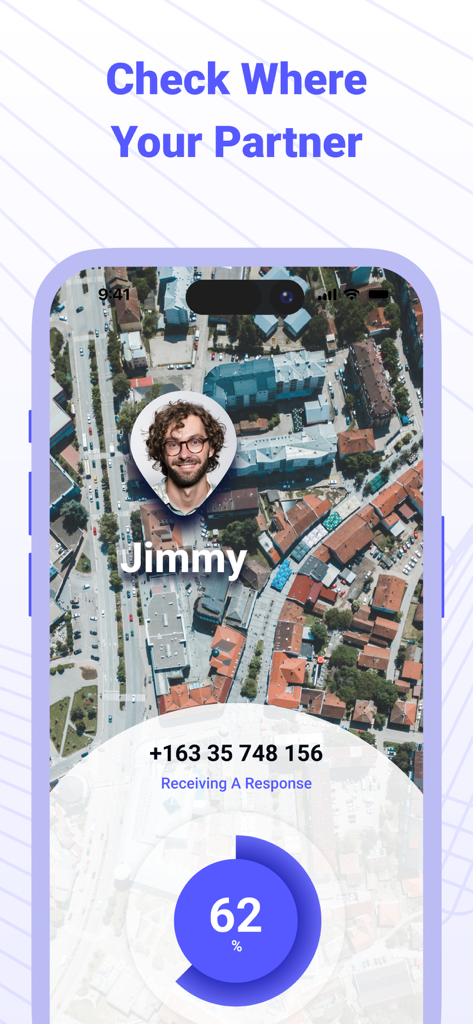 進捗インジケーターが付いたパートナー、ジミーのリアルタイム地図位置を示すGPSロケーターアプリのインターフェース