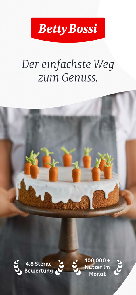 A person in an apron holding a decorated carrot cake with the Betty Bossi logo and user ratings