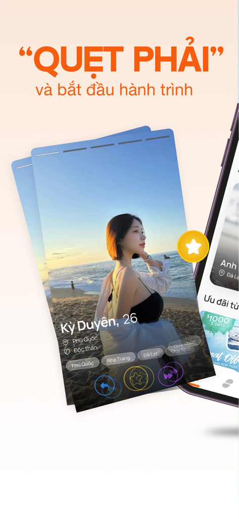 Freetrip - Freetrip app interface showing a swipe right feature to match with travel companions