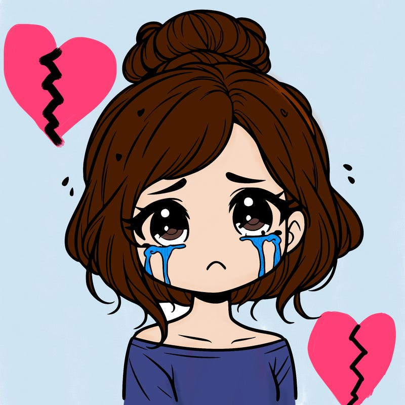 a beautiful crying girl with short hair in a tiny messy bun and looks emotionless