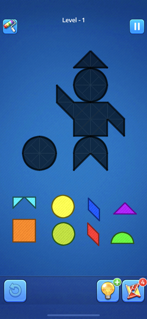 Mobile-Spieloberfläche, die Level eins eines Tangram-Rätsels mit bunten geometrischen Formen und einer Schatten-Silhouette einer Person zeigt