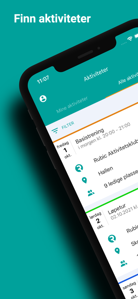 Rubic Connect - Mobile screen showing a list of organized activities and training sessions with dates and locations.