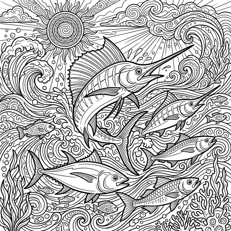 Embark on an oceanic adventure with this dynamic coloring page featuring magnificent pelagic fish. Perfect for capturing the vibrant spirit of summer and the thrill of marine life.