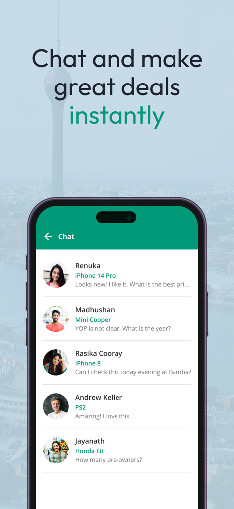 ikman - Everything Sells - L'écran de chat de l'application ikman marketplace affichant les conversations entre utilisateurs au sujet d'articles tels que des voitures et des appareils électroniques.