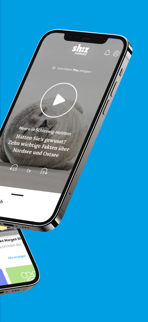 Smartphone-Bildschirm, der die Audio-Player-Oberfläche der shz HOERBAR App mit einem regionalen Nachrichtenbericht über Nord- und Ostsee zeigt.