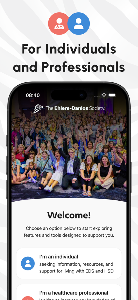 The Ehlers-Danlos Society - Schermata di benvenuto dell'app The Ehlers-Danlos Society con opzioni per individui e professionisti sanitari per accedere alle risorse EDS.