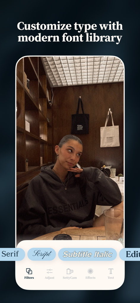 Setty: Photo Filters & Presets - A woman's lifestyle photo being edited in the Setty app showing various font style options like Serif and Script