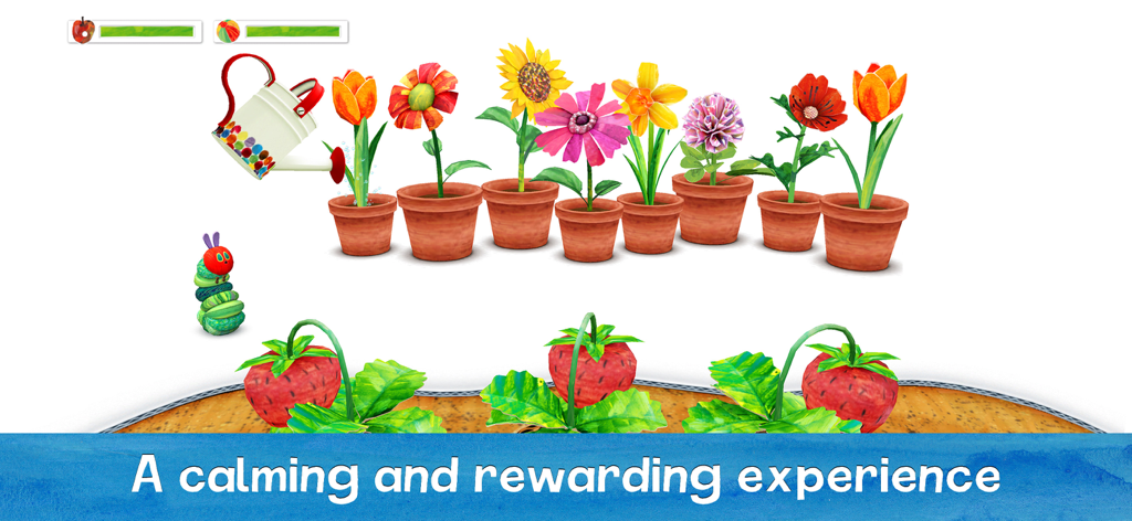My Very Hungry Caterpillar - The Very Hungry Caterpillar character watching a watering can water a row of colorful potted flowers.