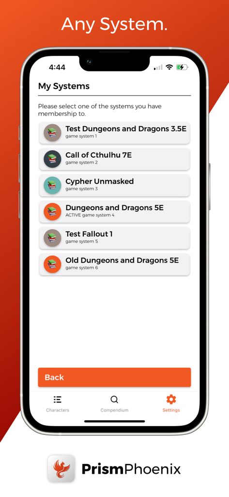 PrismScroll Phoenix - Interfaz de la aplicación PrismScroll Phoenix mostrando una lista de diferentes sistemas de juego de rol de mesa como D&D y Call of Cthulhu.