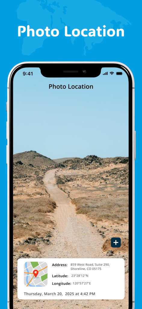 GPS 위치 변경기 앱에서 지도 좌표와 주소가 표시된 오버레이가 있는 사막 풍경 사진