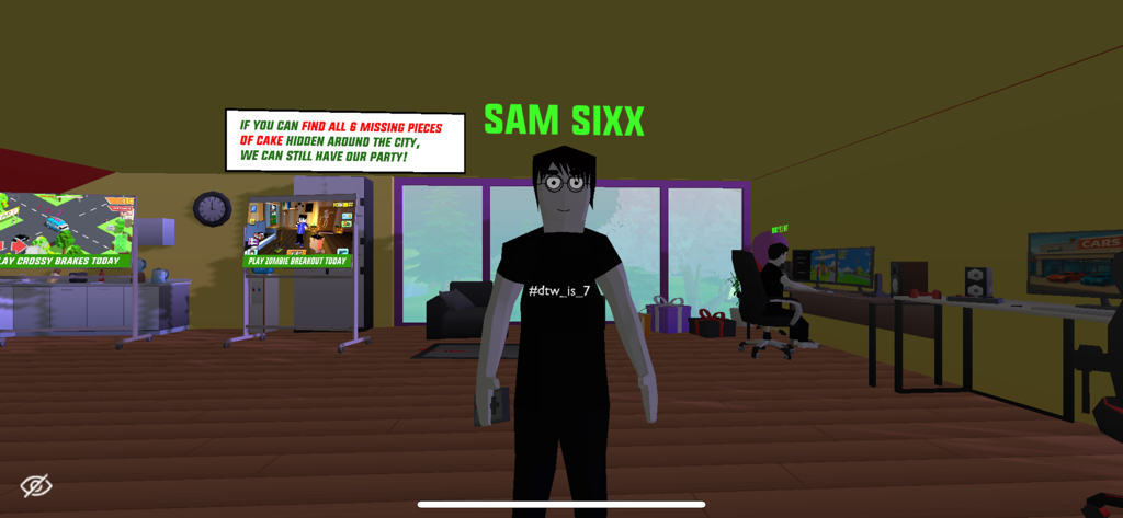 Dude Theft Wars FPS Open World - Un personaje low-poly llamado Sam Sixx con una burbuja de diálogo de misión en una sala de juegos.