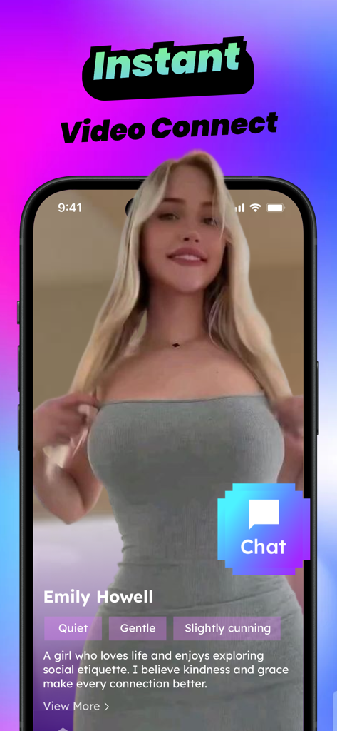 Coschat - Adult Hot Chat - Uma tela de celular mostrando uma interface de chat de vídeo com um personagem de IA chamado Emily Howell e um botão de chat