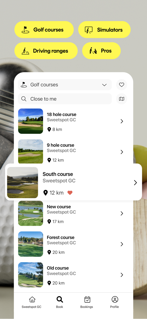 Sweetspot. - Sweetspot app interface showing a list of local golf courses with options to book simulators and driving ranges