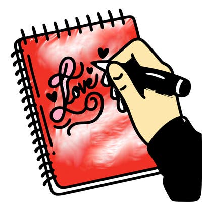 a hand writing “love” in calligraphy on a notebook