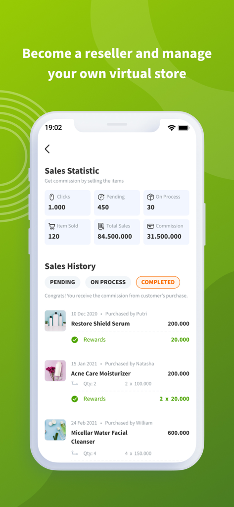 TADA - Memberships & Rewards - TADA app dashboard showing sales statistics and commissions for a reseller managing a virtual store