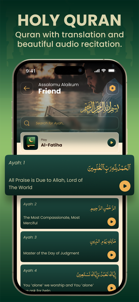 Ummah Pro: Adhan,Qibla & Quran - Ummah Pro app Holy Quran screen showing Arabic verses with English translations and audio play buttons