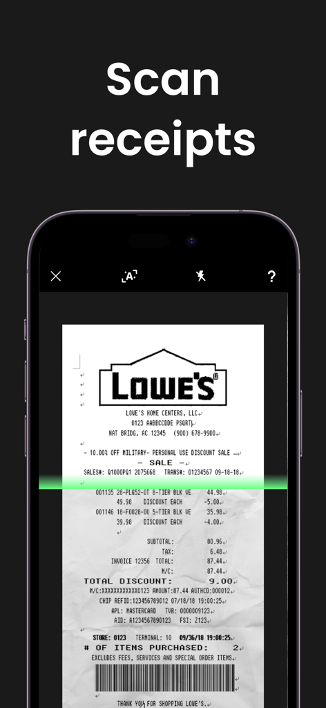 Interface de smartphone montrant la fonction de numérisation des reçus pour suivre les dépenses professionnelles dans l'application Tofu