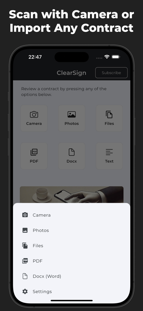 Clearsign: Sign Documents & AI - Interface of the Clearsign app showing options to scan or import contracts via camera photos or files