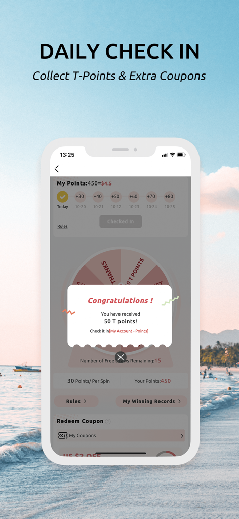 Interfaz de la app Rotita que muestra la función de check-in diario con una notificación de recompensa por ganar puntos T