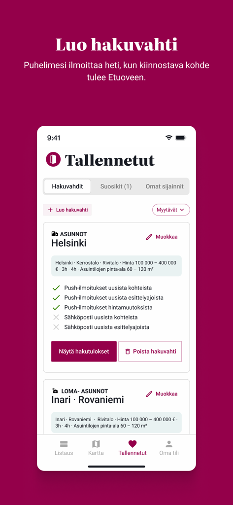 Screenshot of the Etuovi real estate app showing a list of saved search alerts for properties in Helsinki and Rovaniemi with notification settings.