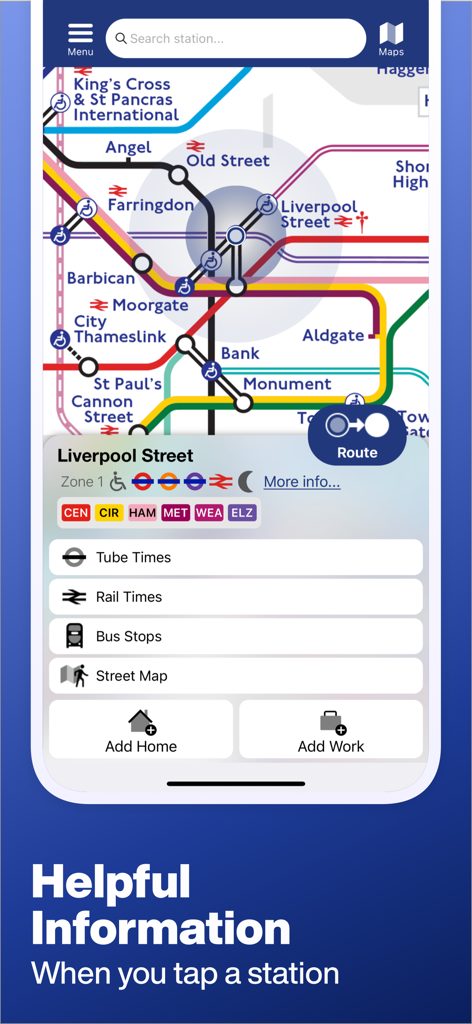 Ein Screenshot der Tube Map App, der hilfreiche Stationsinformationen für Liverpool Street zeigt, einschließlich U-Bahn- und Zugzeiten