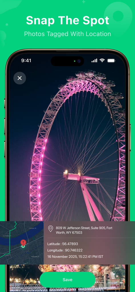 GPS Emulator - Location Track - Smartphone screen displaying a photo of a ferris wheel with embedded GPS location coordinates and address.