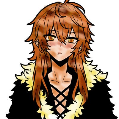 anime guy, long white hair, a red fluffy shirt