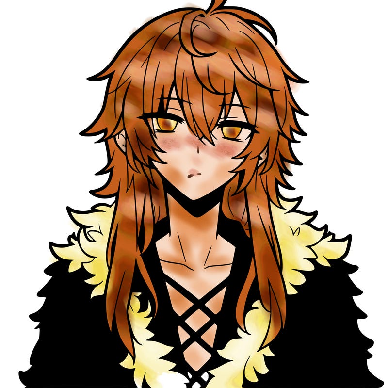 anime guy, long white hair, a red fluffy shirt