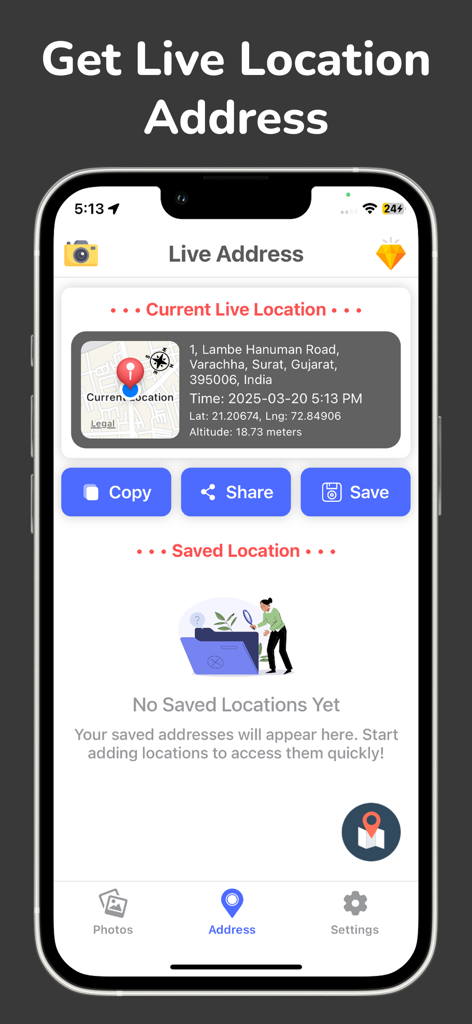 GPS Map Camera & Timestamp Cam - Screenshot of the GPS Map Camera app interface showing live location address details with GPS coordinates and time stamp