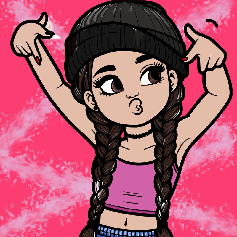 realistic teenage girl with braids and a beanie and crop top doing 🫶🏼
