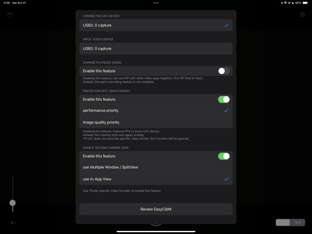 Settings menu of the EasyC@M app for configuring USB capture devices and video preferences on an iPad.